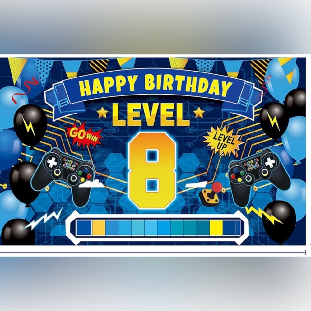 Video Game Level 8th Happy Birthday & balloons,3 x 5,Party Decorations